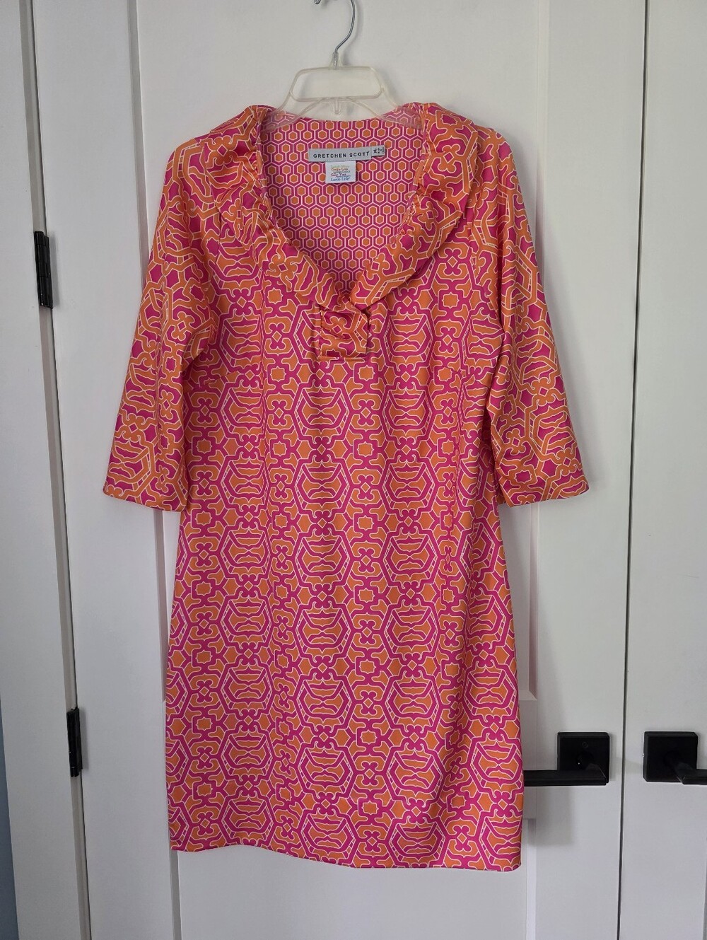 Gretchen Scott Ruffle Neck In Rio Grace Pink and Orange Patterned Dress - Picture 14 of 16